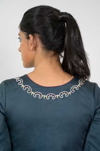 Buy_Agraj Jain_Teal Silk, Viscose, Bamboo Round Neck Hindi Letters Embroidered Top And Pant Set 