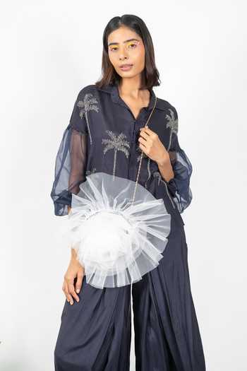 Agraj Jain_Navy Silk, Bamboo, Viscose Collared Hand Embroidered Shirt And Draped Pant Set _Online_at_Aza_Fashions