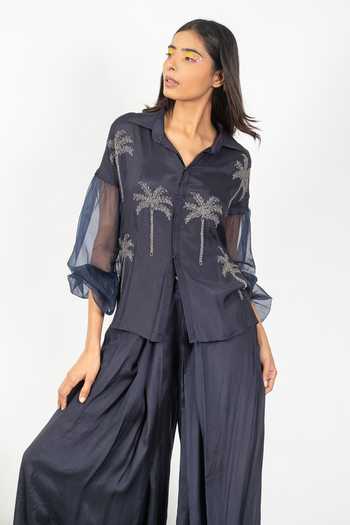 Buy_Agraj Jain_Navy Silk, Bamboo, Viscose Collared Hand Embroidered Shirt And Draped Pant Set _Online_at_Aza_Fashions