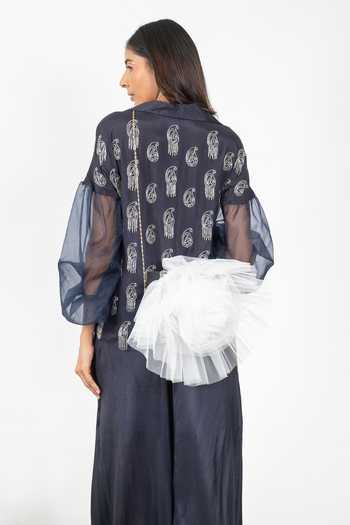 Shop_Agraj Jain_Navy Silk, Bamboo, Viscose Collared Hand Embroidered Shirt And Draped Pant Set _Online_at_Aza_Fashions