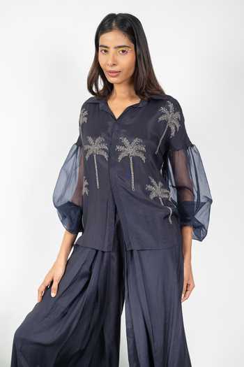 Agraj Jain_Navy Silk, Bamboo, Viscose Collared Hand Embroidered Shirt And Draped Pant Set _at_Aza_Fashions