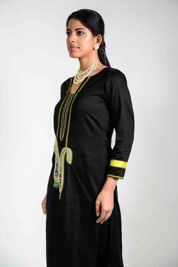 Shop_Agraj Jain_Black Cotton Split V-neck Paisley Embroidered Kurta And Pant Set _Online_at_Aza_Fashions