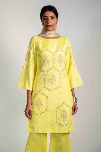 Shop_Agraj Jain_Yellow Silk, Viscose, Bamboo Embroidery, Pearls Hexagon Kurta And Palazzo Set _Online_at_Aza_Fashions