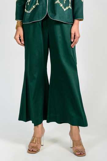 Agraj Jain_Green Silk, Viscose, Bamboo Round Neck Hexagon Pearl Embroidered Top And Pant Set _Online_at_Aza_Fashions