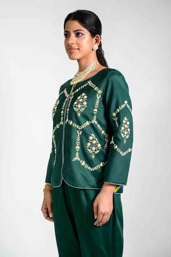 Buy_Agraj Jain_Green Silk, Viscose, Bamboo Round Neck Hexagon Pearl Embroidered Top And Pant Set _Online_at_Aza_Fashions