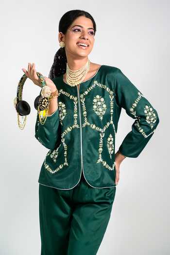 Shop_Agraj Jain_Green Silk, Viscose, Bamboo Round Neck Hexagon Pearl Embroidered Top And Pant Set _Online_at_Aza_Fashions