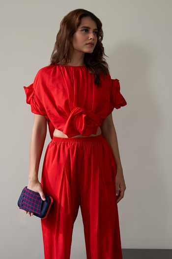Agraj Jain_Red Round Neck 3d Sculpted Rose Top And Baggy Pant Set _Online_at_Aza_Fashions