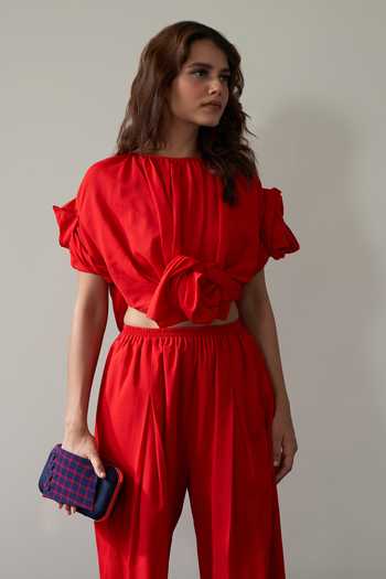 Shop_Agraj Jain_Red Round Neck 3d Sculpted Rose Top And Baggy Pant Set _Online_at_Aza_Fashions