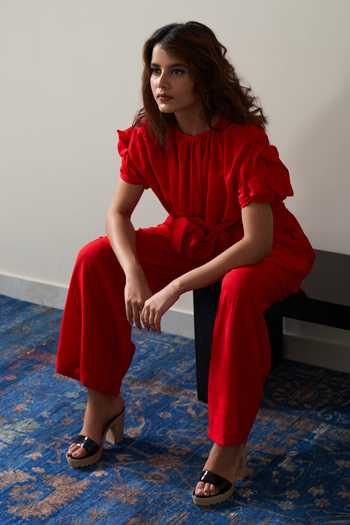 Agraj Jain_Red Round Neck 3d Sculpted Rose Top And Baggy Pant Set _at_Aza_Fashions