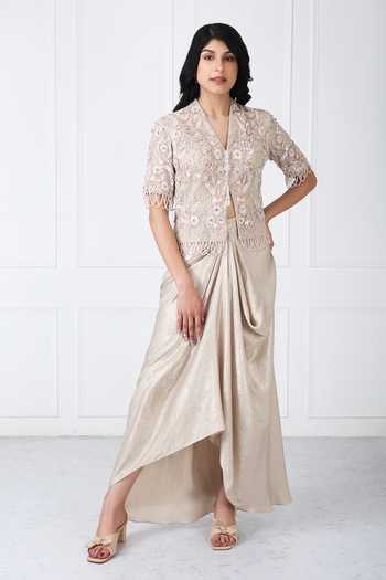 Isha Regalia Royal Embroidered Jacket With Draped Skirt 
