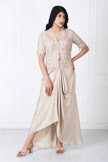 Isha Regalia_Gold Net V-neck Royal Embroidered Jacket With Draped Skirt _at_Aza_Fashions