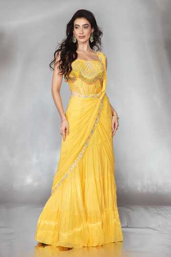 Saaj By Ankita_Yellow Georgette Square Neck Threadwork Pre-draped Saree With Blouse _Online_at_Aza_Fashions