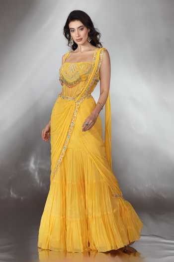 Buy_Saaj By Ankita_Yellow Georgette Square Neck Threadwork Pre-draped Saree With Blouse _Online_at_Aza_Fashions