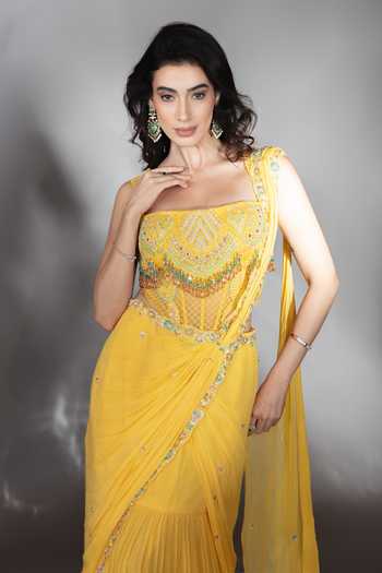 Shop_Saaj By Ankita_Yellow Georgette Square Neck Threadwork Pre-draped Saree With Blouse _Online_at_Aza_Fashions