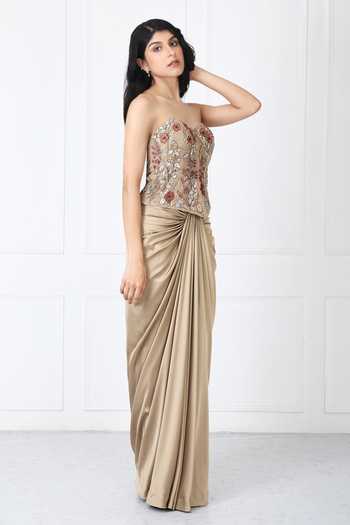 Isha Regalia_Gold Satin, Net Embroidery Sweetheart Neck Draped Skirt With Corset _at_Aza_Fashions