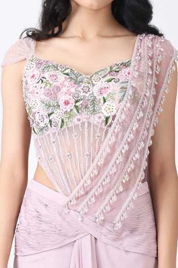 Buy_Isha Regalia_Pink Georgette, Net Embroidery, Beads, Pearls Pre-draped Saree With Bodysuit _Online_at_Aza_Fashions