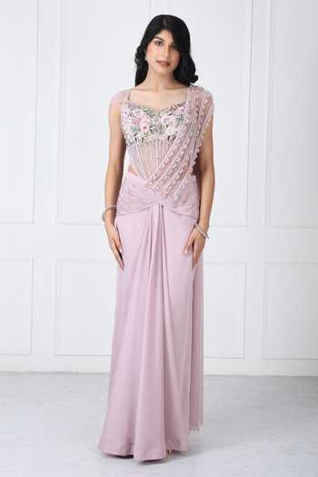 Shop_Isha Regalia_Pink Georgette, Net Embroidery, Beads, Pearls Pre-draped Saree With Bodysuit _Online_at_Aza_Fashions