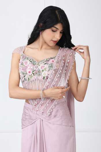 Isha Regalia_Pink Georgette, Net Embroidery, Beads, Pearls Pre-draped Saree With Bodysuit _at_Aza_Fashions