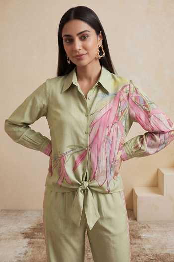 Shop_Satya Paul_Green Chanderi Button-down Neck Lily Pond Shirt And Pant Set 