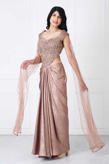 Isha Regalia_Brown Net Sequins, Beads, Stones Sweetheart Embroidered Corset With Draped Skirt _at_Aza_Fashions