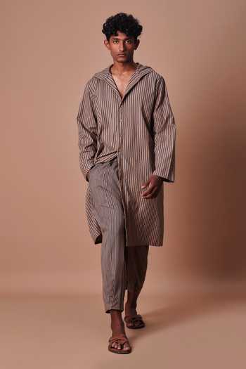 Buy_MATI_Brown Cotton Hooded Striped Kurta _Online_at_Aza_Fashions