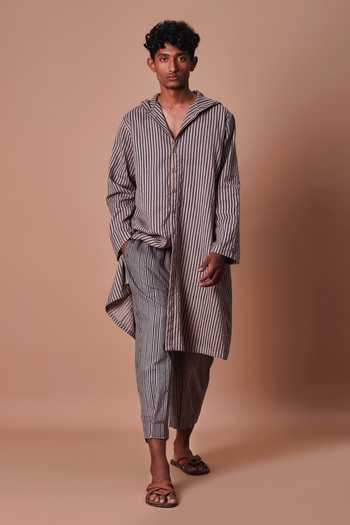 MATI Grey Cotton Hooded Striped Kurta Online at Aza Fashions MATI_Grey Cotton Hooded Striped Kurta _Online_at_Aza_Fashions