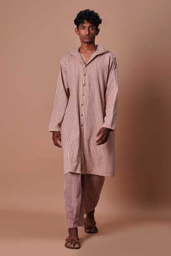 Shop MATI Mauve Cotton Hooded Striped Kurta Online at Aza Fashions Shop_MATI_Mauve Cotton Hooded Striped Kurta _Online_at_Aza_Fashions
