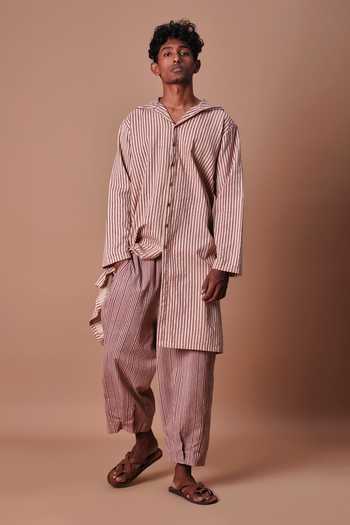 Buy MATI Mauve Cotton Hooded Striped Kurta Buy_MATI_Mauve Cotton Hooded Striped Kurta