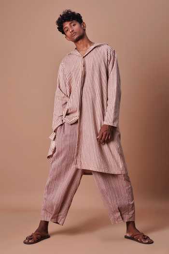Shop MATI Mauve Cotton Hooded Striped Kurta Shop_MATI_Mauve Cotton Hooded Striped Kurta