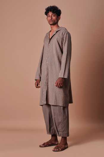 MATI_Brown Cotton Hooded Striped Kurta Set _Online_at_Aza_Fashions