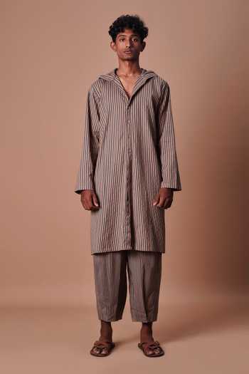 Buy_MATI_Brown Cotton Hooded Striped Kurta Set _Online_at_Aza_Fashions