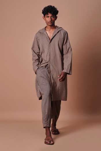 MATI Hooded Brown Striped Kurta Set 