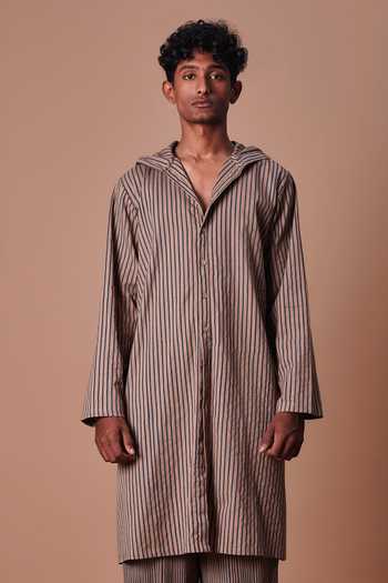 Shop_MATI_Brown Cotton Hooded Striped Kurta Set _Online_at_Aza_Fashions