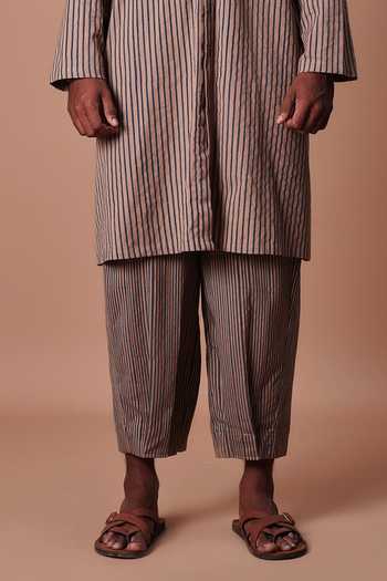 MATI_Brown Cotton Hooded Striped Kurta Set _at_Aza_Fashions