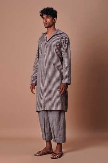 MATI_Grey Cotton Hooded Striped Kurta Set _Online_at_Aza_Fashions