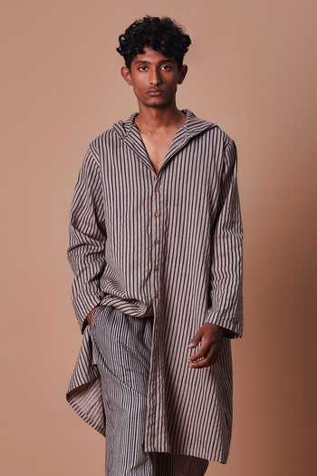 Buy_MATI_Grey Cotton Hooded Striped Kurta Set _Online_at_Aza_Fashions