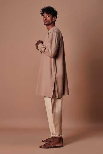 MATI_Brown Cotton Side Buttoned Kurta And Pant Set _Online_at_Aza_Fashions