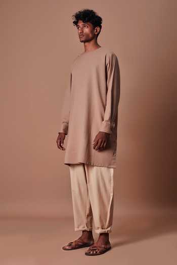 MATI_Brown Cotton Side Buttoned Kurta And Pant Set _at_Aza_Fashions