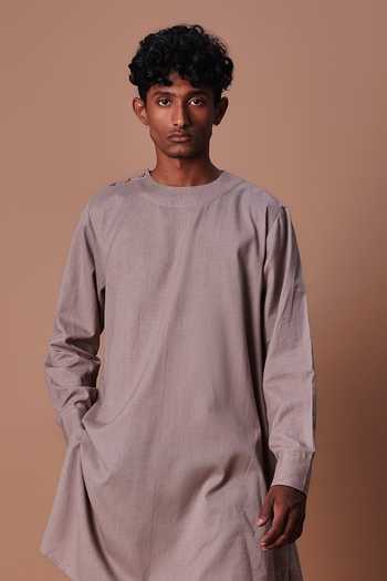 Shop_MATI_Grey Cotton Side Buttoned Kurta And Pant Set _Online_at_Aza_Fashions