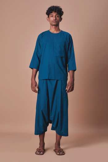 MATI_Teal Cotton Blue Cross Pocket T-shirt _at_Aza_Fashions