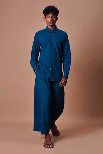 Buy_MATI_Blue Cotton Teal Double Buttoned Shirt _Online_at_Aza_Fashions