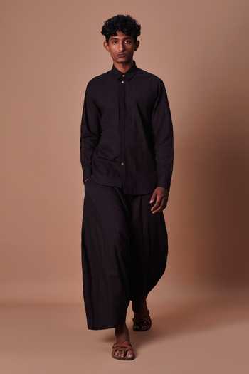 Buy_MATI_Black Cotton Double Buttoned Shirt _Online_at_Aza_Fashions