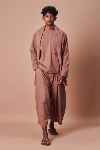 Shop_MATI_Brown Cotton Shawl Collar Jacket _Online_at_Aza_Fashions