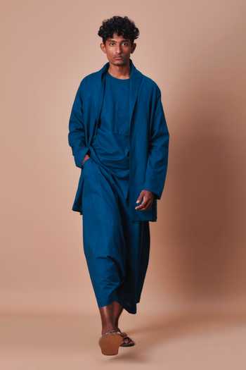 MATI_Teal Cotton Blue Shawl Collar Jacket _Online_at_Aza_Fashions