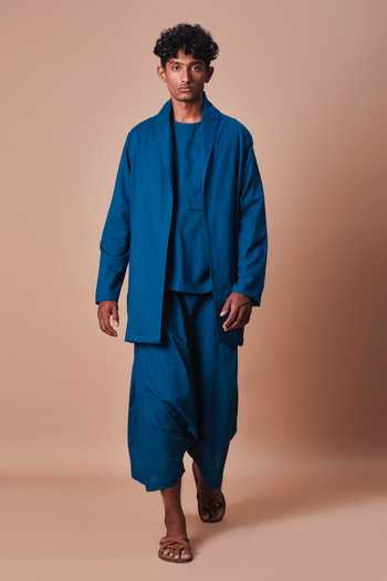 Buy_MATI_Teal Cotton Blue Shawl Collar Jacket _Online_at_Aza_Fashions