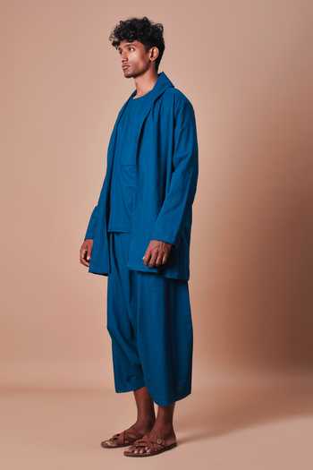 Shop_MATI_Teal Cotton Blue Shawl Collar Jacket _Online_at_Aza_Fashions