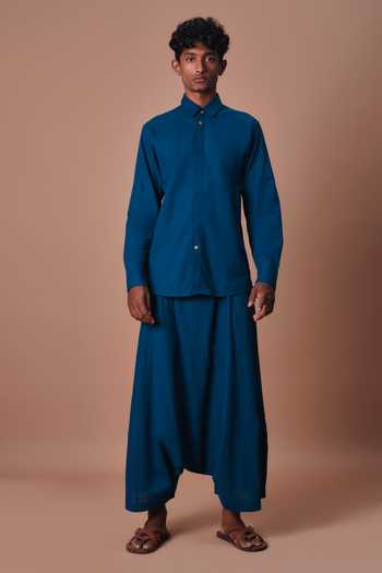 MATI_Teal Cotton Blue Easy Fit Harem Pant _Online_at_Aza_Fashions