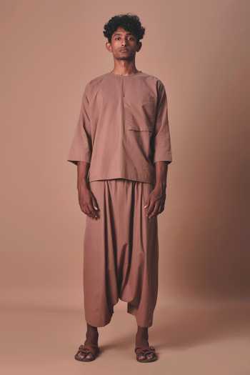 MATI_Brown Cotton Cross Pocket T-shirt And Harem Pant Set _Online_at_Aza_Fashions