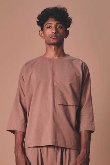 Buy_MATI_Brown Cotton Cross Pocket T-shirt And Harem Pant Set _Online_at_Aza_Fashions