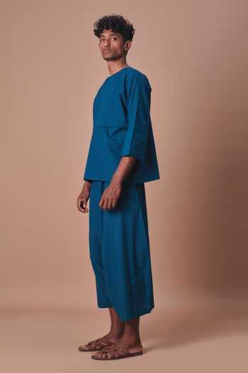 MATI_Teal Cotton Cross Pocket T-shirt And Harem Pant Set _Online_at_Aza_Fashions